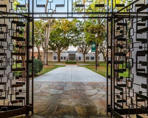 Frisch Welcome Center doorway with view of grounds